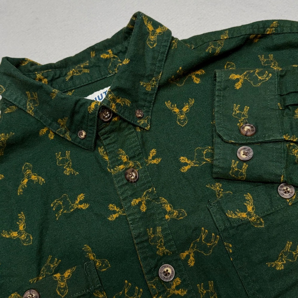 Duluth Trading Co Mens Large Green Deer Flannel Cotton Relaxed Fit Shirt